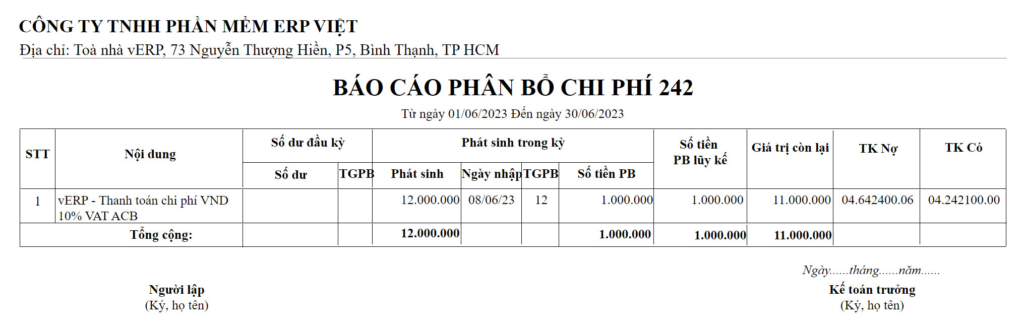 Báo cáo phân bổ chi phí 242