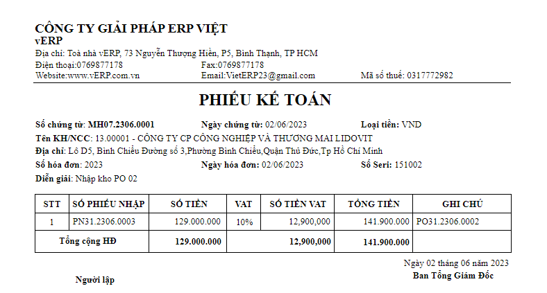 In phiếu kế toán hạch toán