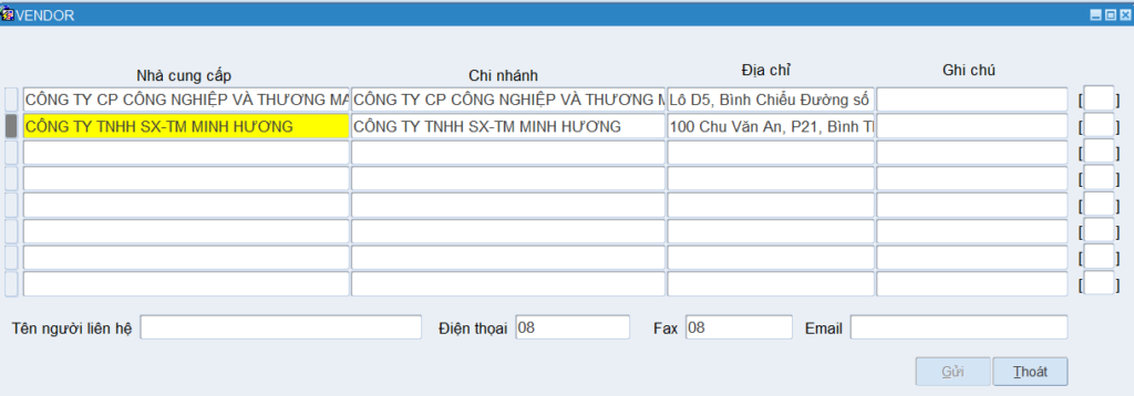Màn hình chọn nhà cung cấp cho báo giá