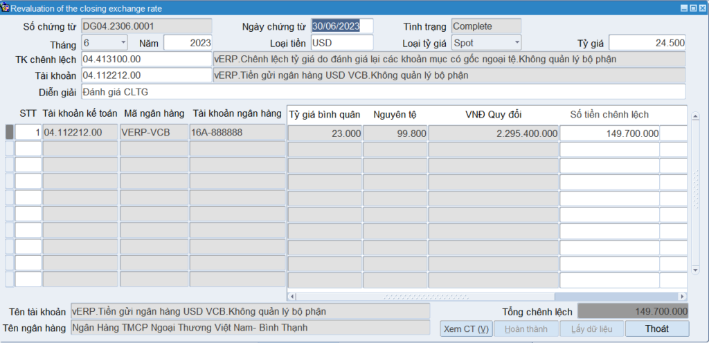 Màn hình đánh giá chênh lệch tỷ giá tài khoản gốc ngoại tệ cuối kỳ