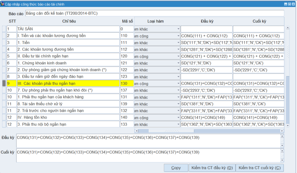 Màn hình định nghĩa công thức báo cáo cân đối kế toán