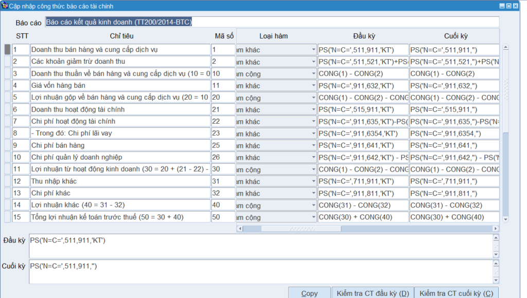 Màn hình định nghĩa công thức báo cáo kết quả kinh doanh