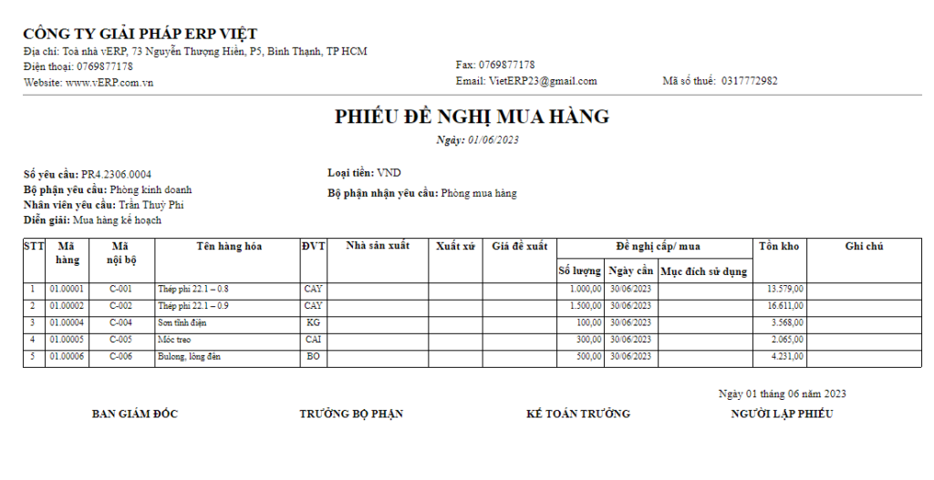 Phiếu đề nghị mua hàng